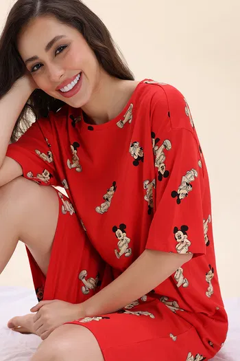 Buy Zivame Mickey and Friends Knit Cotton Loungewear Dress - High Rise Red
